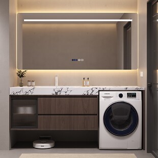 奶油风岩板热弯浴室柜阳台洗衣机洗手盆一体柜卫生间洗脸盆洗漱台