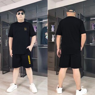 大码冰丝夏天套装男士高弹速干宽松休闲运动时尚短袖短裤两件套