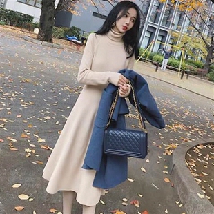 秋冬季毛b衣女套头中长版过膝小清新甜美打底衫高领针织洋装加厚
