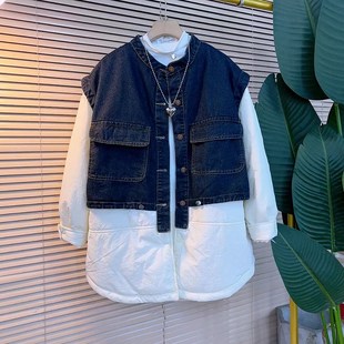 款 拼接牛仔马甲假两件棉服外套胖妹妹冬季 休闲上衣潮 女装 加肥大码