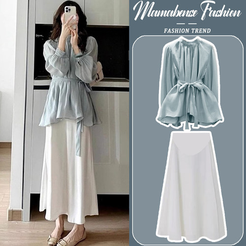 孕妇连衣裙套装时尚洋气国风新中式上衣半身裙两件套2024新款春秋