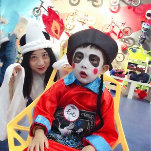 万圣节儿童僵尸服装太监大臣帽子朝红色男鬼衣儿童款角色扮演官送