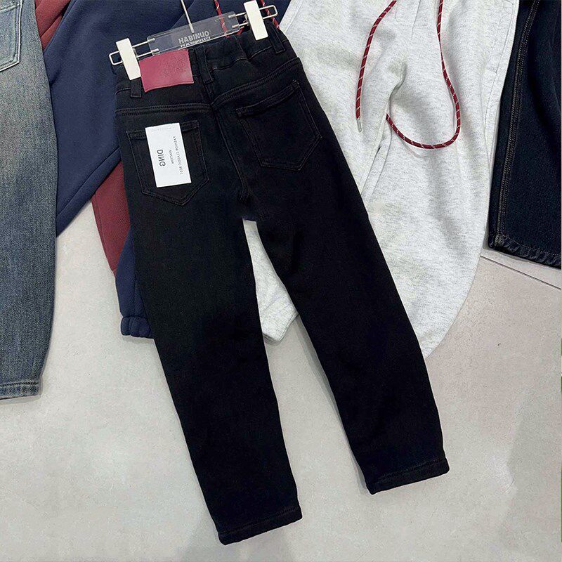 女童加绒裤子24秋冬款长裤中大童黑色修身一体绒牛仔裤儿童小脚裤