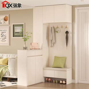 奶油风入户转角L型鞋柜玄关柜客厅隔断柜一体屏风柜定制小户型W27