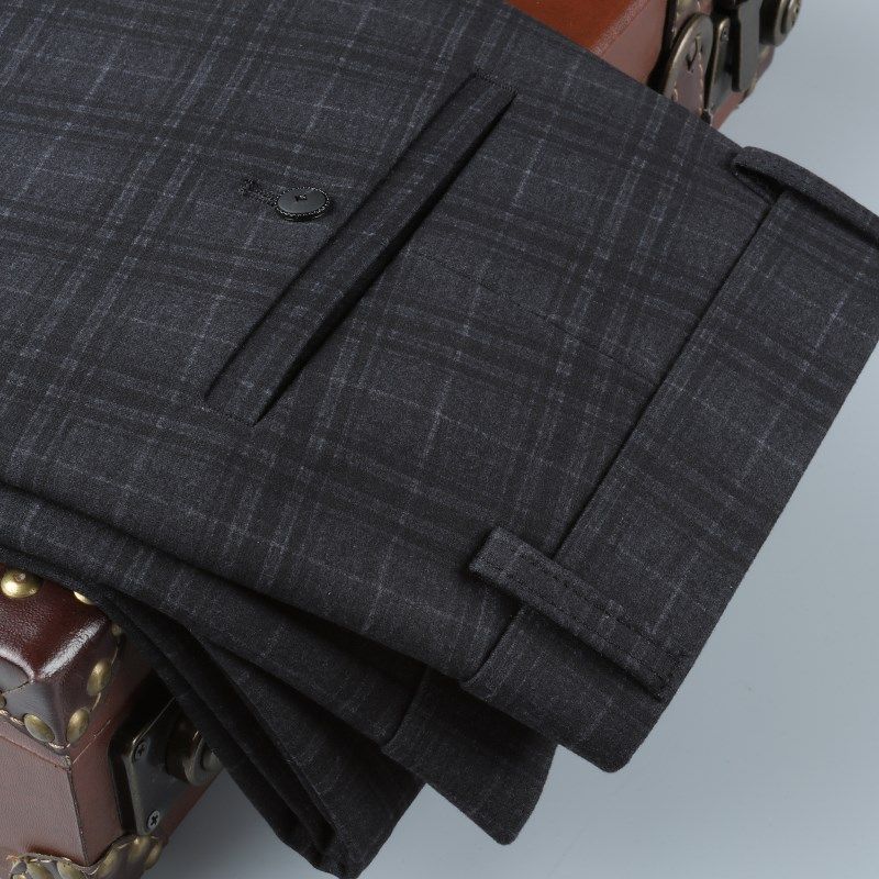 晴旭格子休闲男裤秋冬季修身小脚西裤厚款商务长裤弹力直筒裤子男