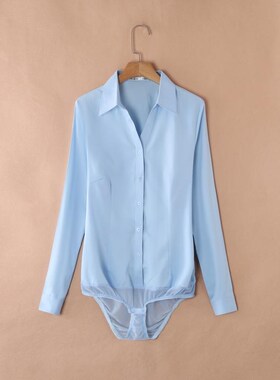 2023新款V领高端蓝色短袖连体衬衫女竹纤维棉弹力收腰带档衬衣