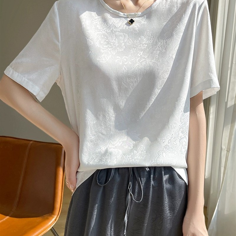 国风真丝短袖上衣t恤女2024夏季薄款新中式简约衬衫缎面提花T恤衫