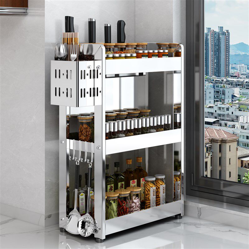新款厨房调料置物架不锈钢调味品罐架台面家用小型台式收纳架窄款
