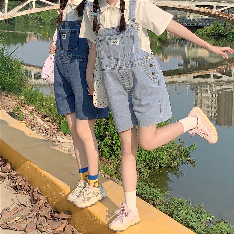 【翻斗花园日记】高腰牛仔背带裤女夏季小众宽松直筒背带短裤阔腿