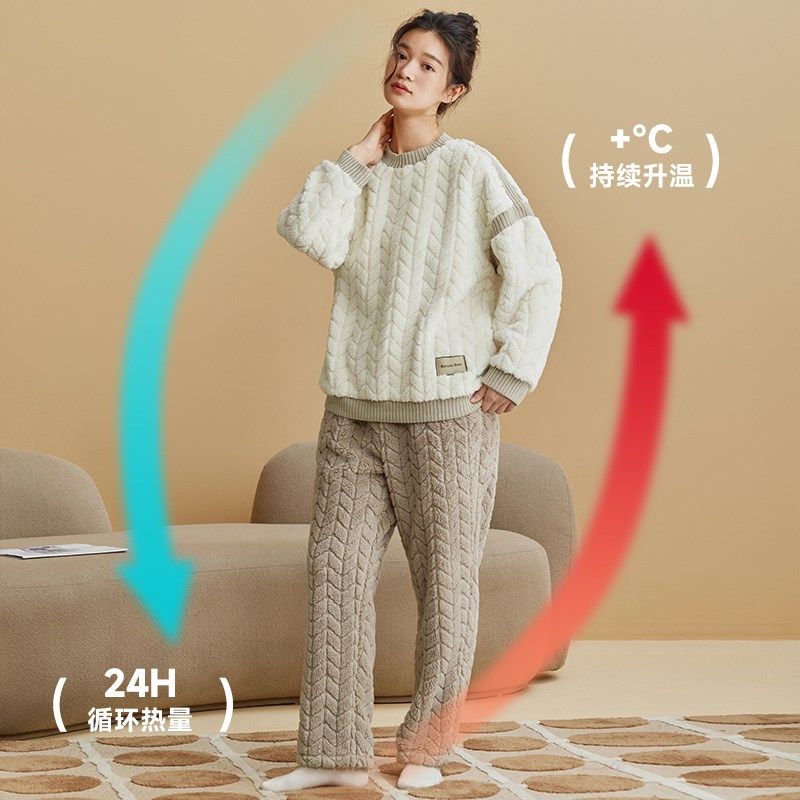 秋鹿【防静电】双面提花绒睡衣女秋冬加厚珊瑚绒情侣男家居服套装