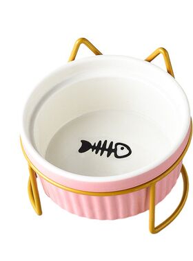 猫碗陶瓷双碗铁架斜口宠物碗保护颈椎条纹猫食盆猫咪粮碗饮水小碗