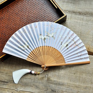 米色宫庭素色清雅折扇女随身折叠汉服旗袍古风中国风复古风夏季扇