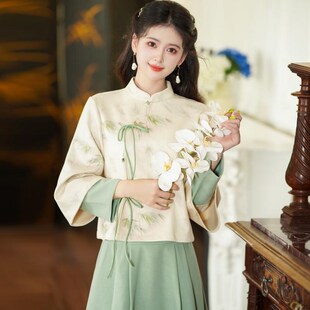 新中式 女秋冬国风斜襟系带加绒禅意上衣 茶服美容采耳师工作服套装