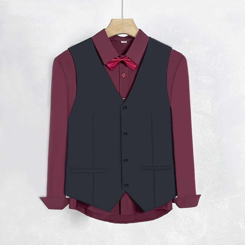黑色马甲酒红衬衫两件套装男新郎结婚订婚礼服背心西服马夹男衬衣