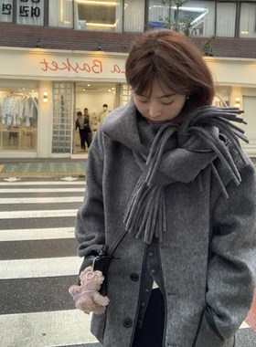 333sss~2024新款全手工羊毛灰色拼皮围巾双面尼大衣外套女小个子