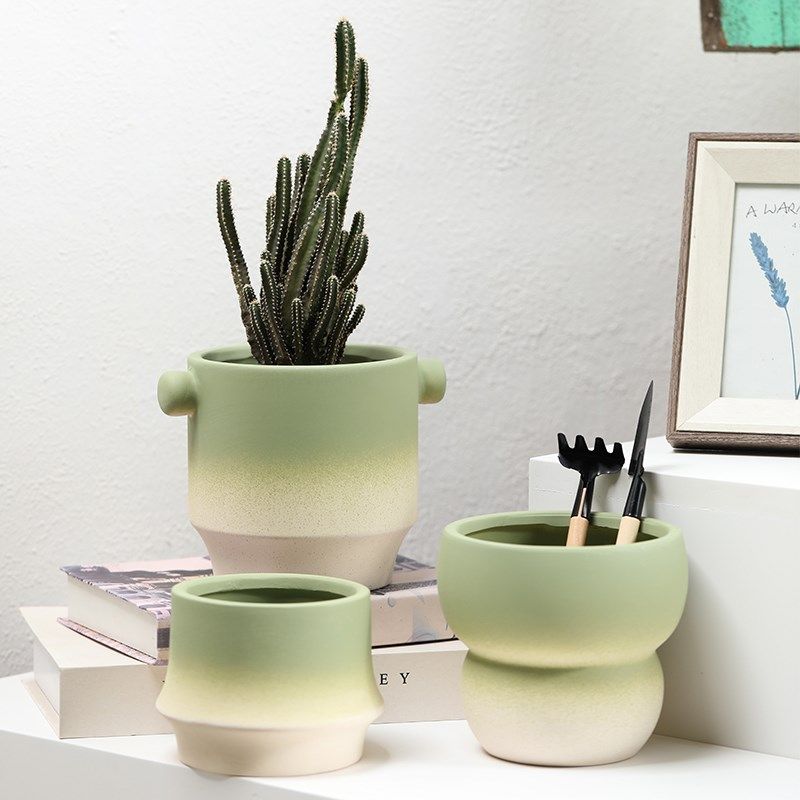 渐变色陶瓷花盆橄榄绿陶土透气粗陶带托盘桌面家用盆栽多肉文心兰,鲜花速递/花卉仿真/绿植园艺,花盆,淘宝优惠券,粉丝福利购,淘宝优惠卷