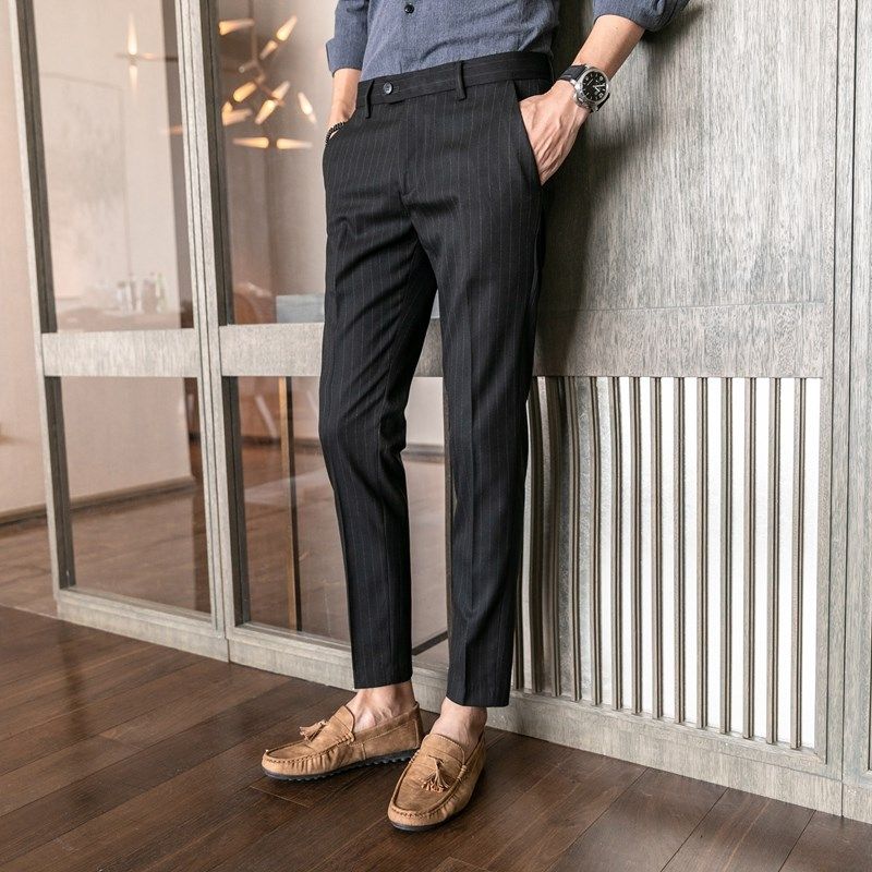 男裤子高端修身小脚条纹休闲西装裤七分八分九分夏季薄款男士西裤