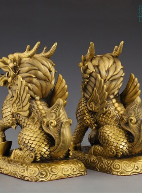 铜麒麟摆件一对黄铜财富麒麟解决卧室家居客厅办公室装饰开业礼品