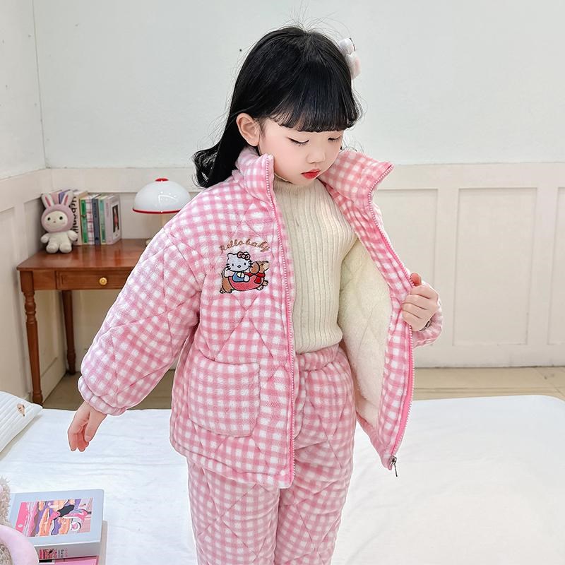 女童三层夹棉睡衣冬季加厚法兰绒女宝宝格子珊瑚绒立领儿童家居服
