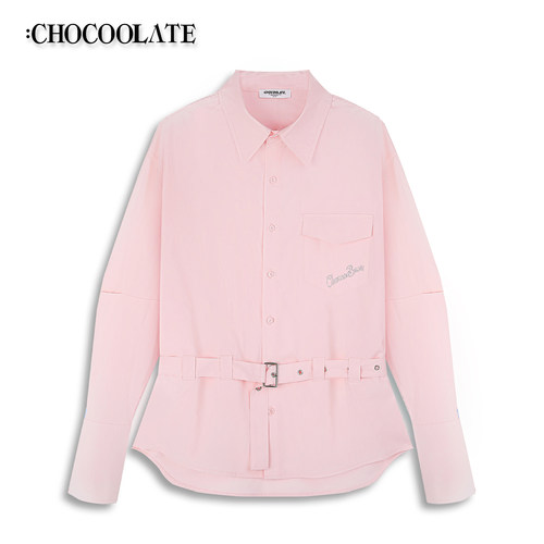 ：CHOCOOLATE设计感字母烫仿钻收腰长袖衬衫CCLSTXKL03060