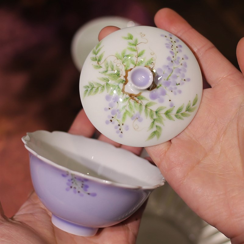 无落木槿紫手绘盖碗釉下粉彩紫藤花泡茶碗手工花口单泡茶碗品茗杯