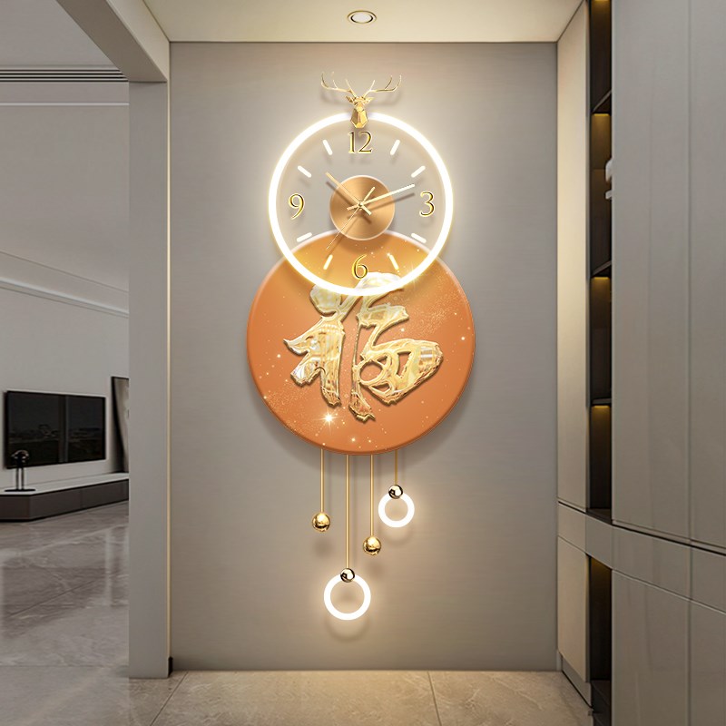 玄关装饰画时钟走廊过道立体led壁画轻奢福字发光晶瓷挂画带钟表图片