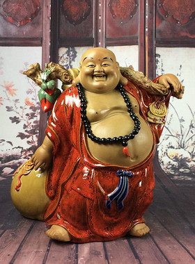 布袋佛小担金笑佛中式客厅酒柜陶瓷摆件石湾公仔办公室招财装饰品