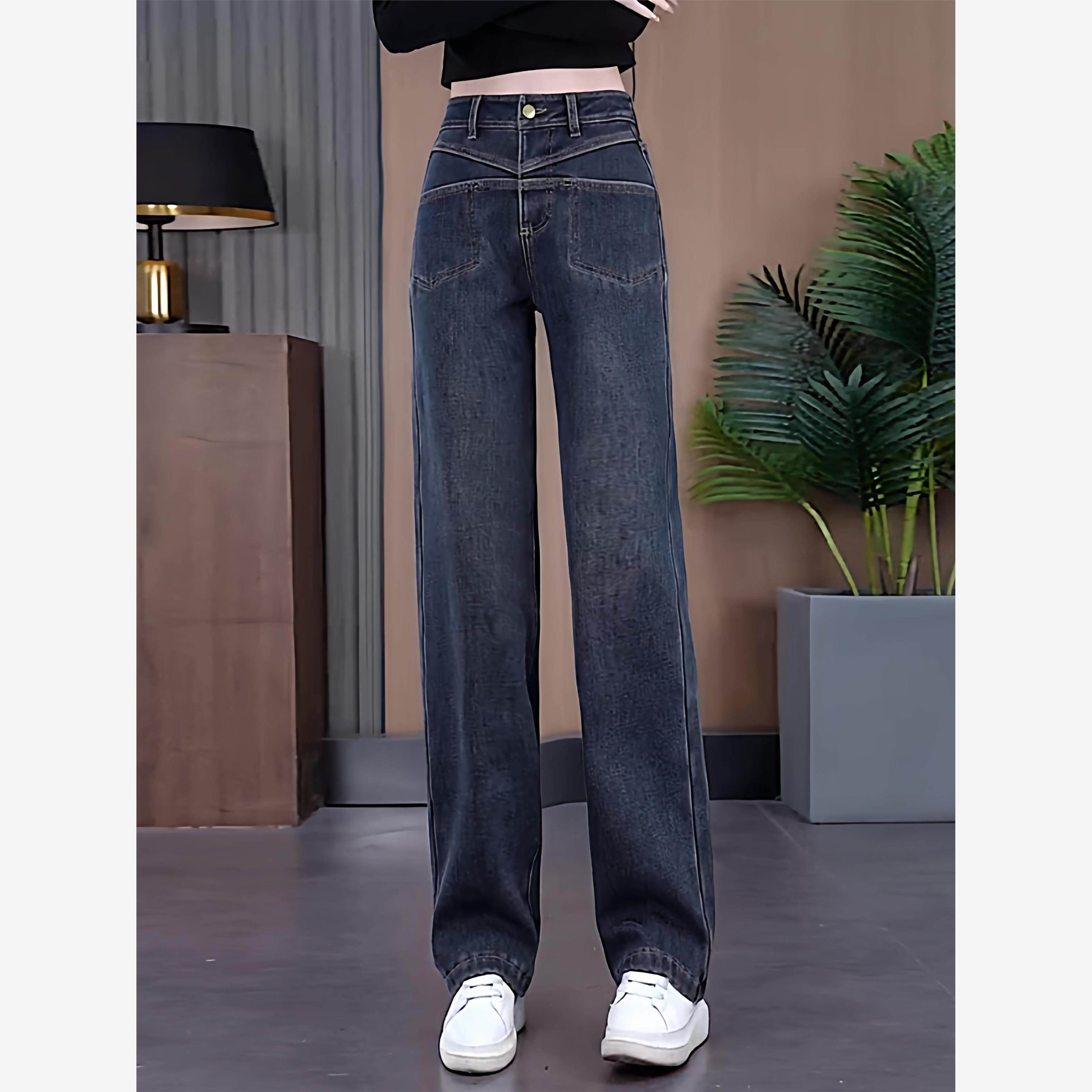 秋冬新款2025年深色系阔腿牛仔裤女高腰显瘦梨形身材百搭直筒裤子