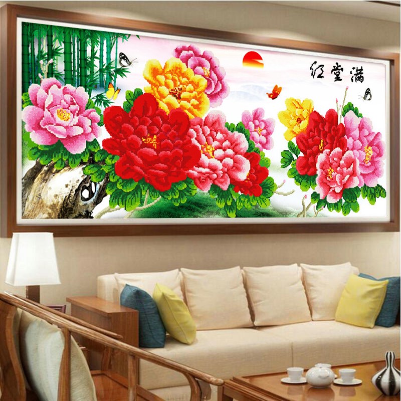 5d满堂红钻石画非满钻花开富贵客厅竹报平安粘贴半钻十字绣牡丹图