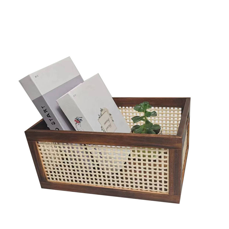 藤编实木收纳筐桌面收纳篮火烧色杂物化妆品收纳筐储物整理收纳盒