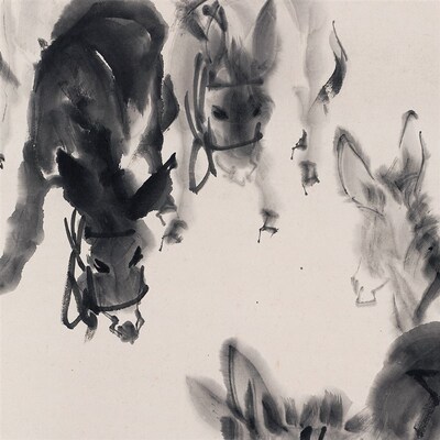 黄胄七头毛驴客厅中堂挂画玄关茶室水墨动物装饰画