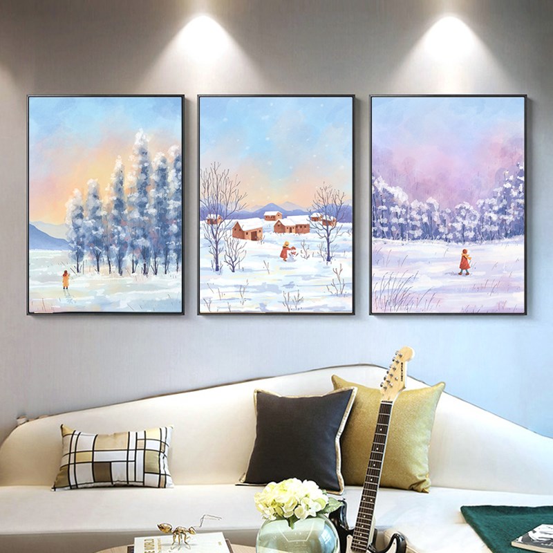 春夏秋冬四季蓝色装饰画河流草原风景画壁画客厅沙发背景墙治愈系