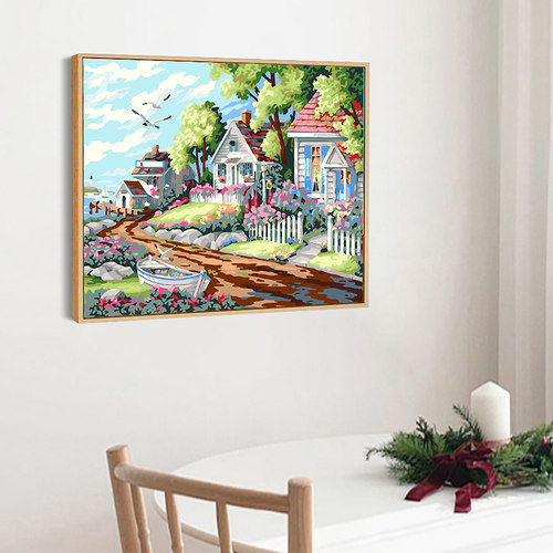海边别墅数字油画填色油彩画欧式小屋山水风景客厅卧室装饰画