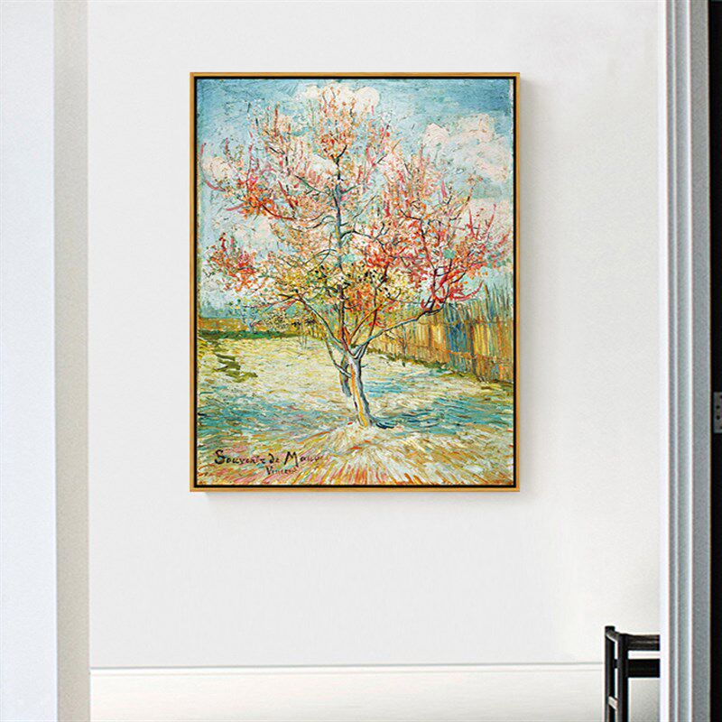 桃树梵高印刷仿制油画客厅卧室玄关沙发三联装饰画背景墙挂画
