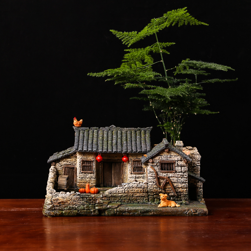 中式农村老房子模型微景观造景创意花盆办公室桌面绿植盆景小