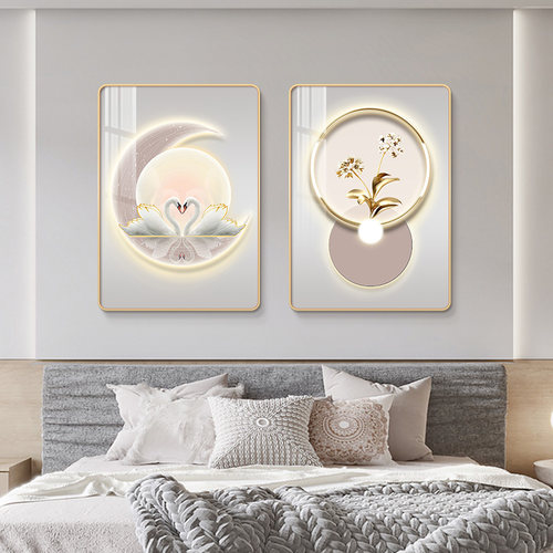 现代卧室床头装饰画房间温馨天鹅浪漫婚房卧壁画客厅画