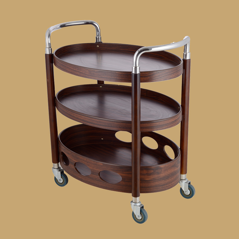 酒店小吃车推车圆形酒水车茶水车不锈钢实木三层餐车商用餐厅