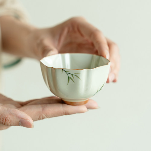 观策器隐纯手绘筱竹六方杯主人杯家用陶瓷品茗杯功夫茶杯单个杯子