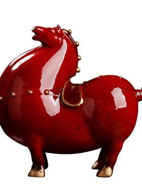 陶瓷红色马招财创意古典唐马办公室厅玄关桌面装饰工艺品摆设