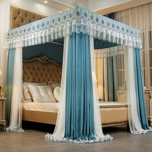 加厚双杆双层蚊帐遮光床幔一体全封闭防尘窗帘三开门加密账纱家用