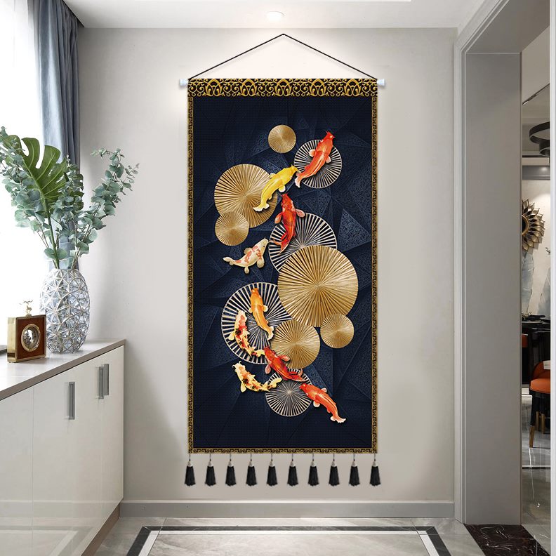 布艺九鱼图挂布挂毯客厅入户挂画中式走廊轻奢背景墙招财玄关装饰图片