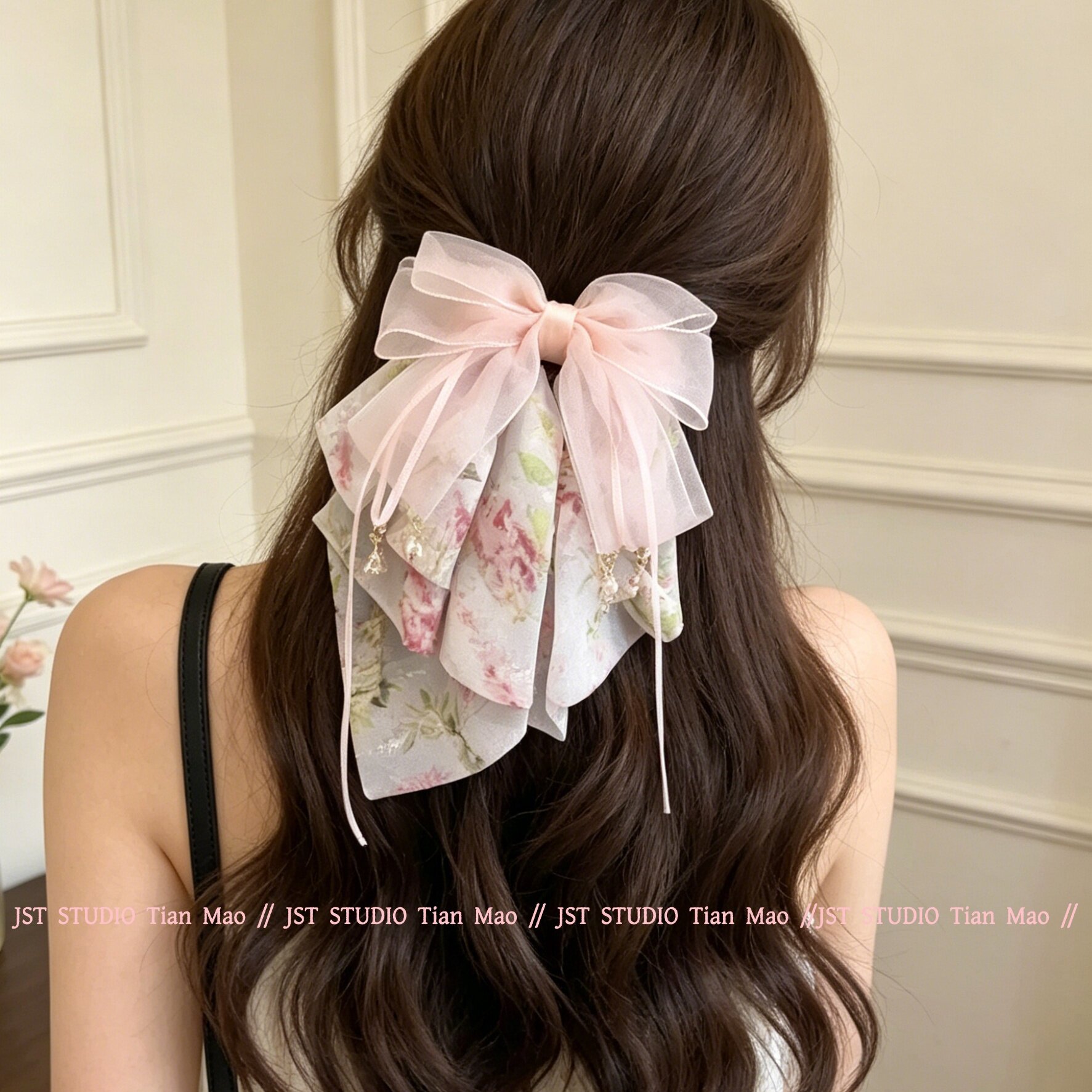 海派甜心~韩系碎花蝴蝶结飘带马尾抓夹女！新款后脑勺半扎发拎环