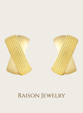 港风大女主18K金色复古交叉纹理耳钉原创复古高级感秋冬耳饰通勤