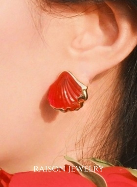 Raison红贝壳18K金耳钉耳饰原创复古海边度假风气质时尚高级感女