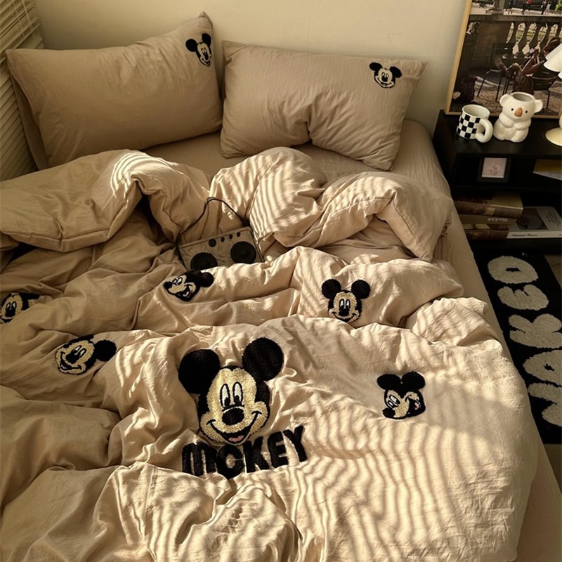 温柔ins纯色可爱米奇毛巾绣水洗棉四件套床单简约被套宿舍三件套