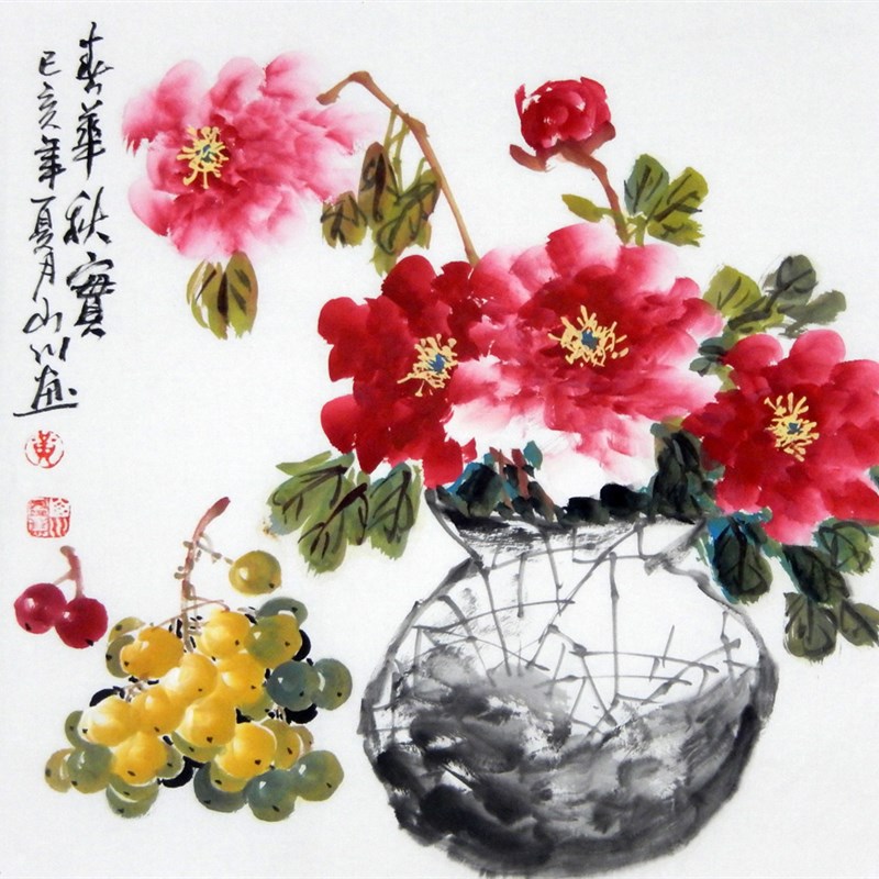 纯手绘国画花鸟画水墨画三尺斗方牡丹图书房卧室玄关装饰实木带框