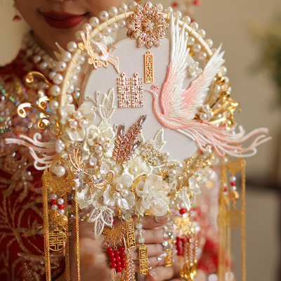 色面新娘团扇材料包手工秀禾扇婚礼遮面扇子重工扇子喜扇