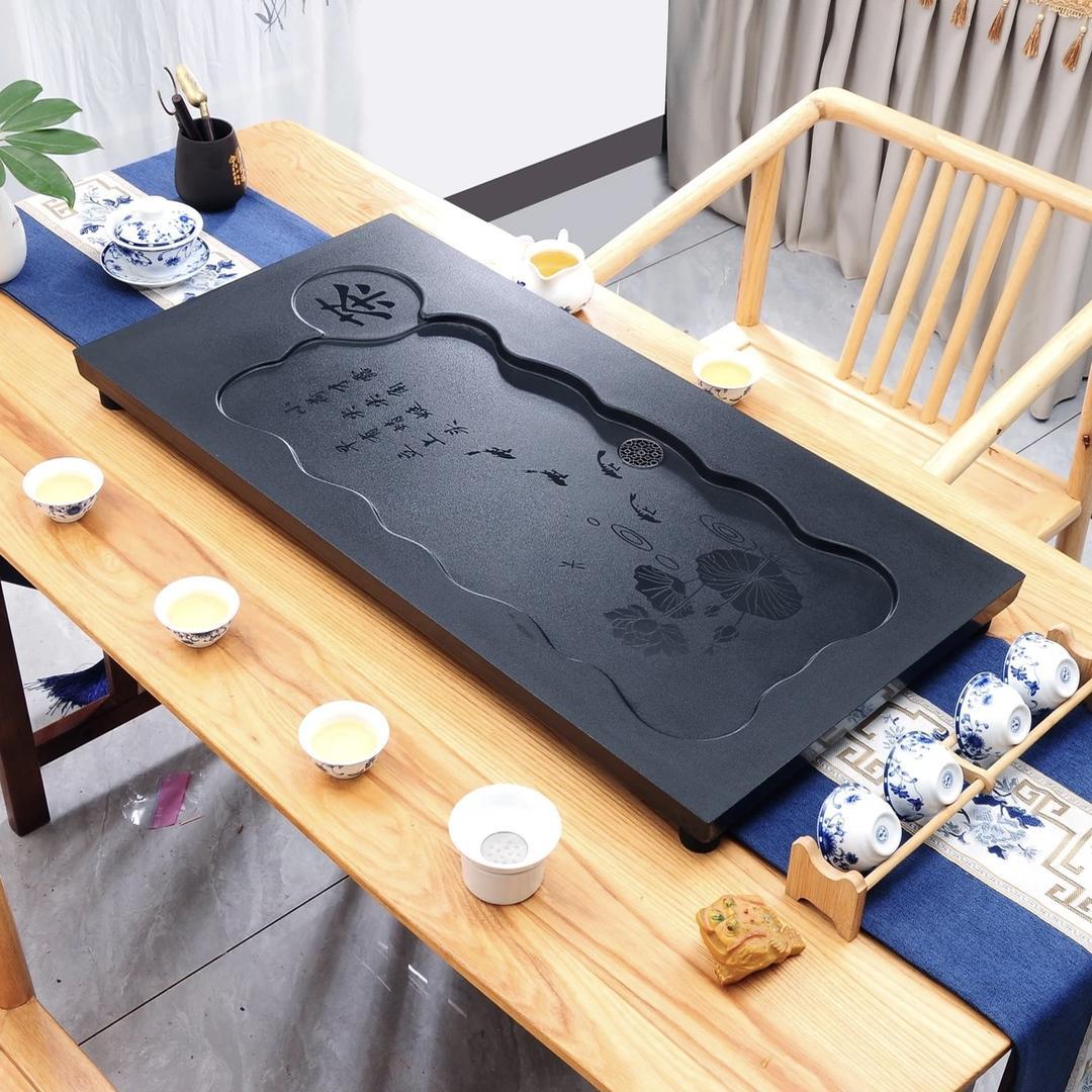 简约现代乌金石合成工艺茶盘圆形窗花家用客厅茶具套装石头大茶台