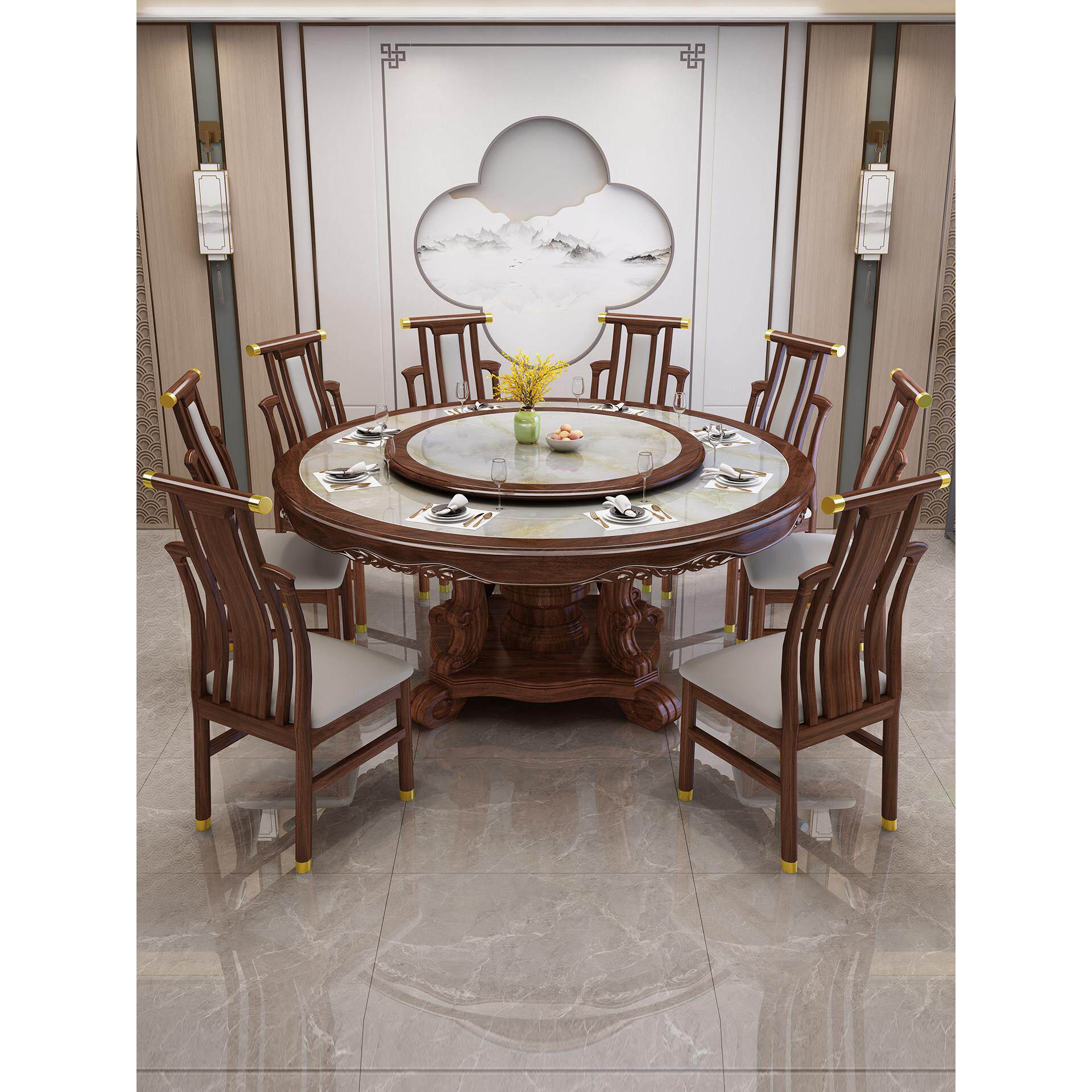 新中式实木雕花桌椅组合高端板岩别墅餐厅大圆桌与转盘餐桌