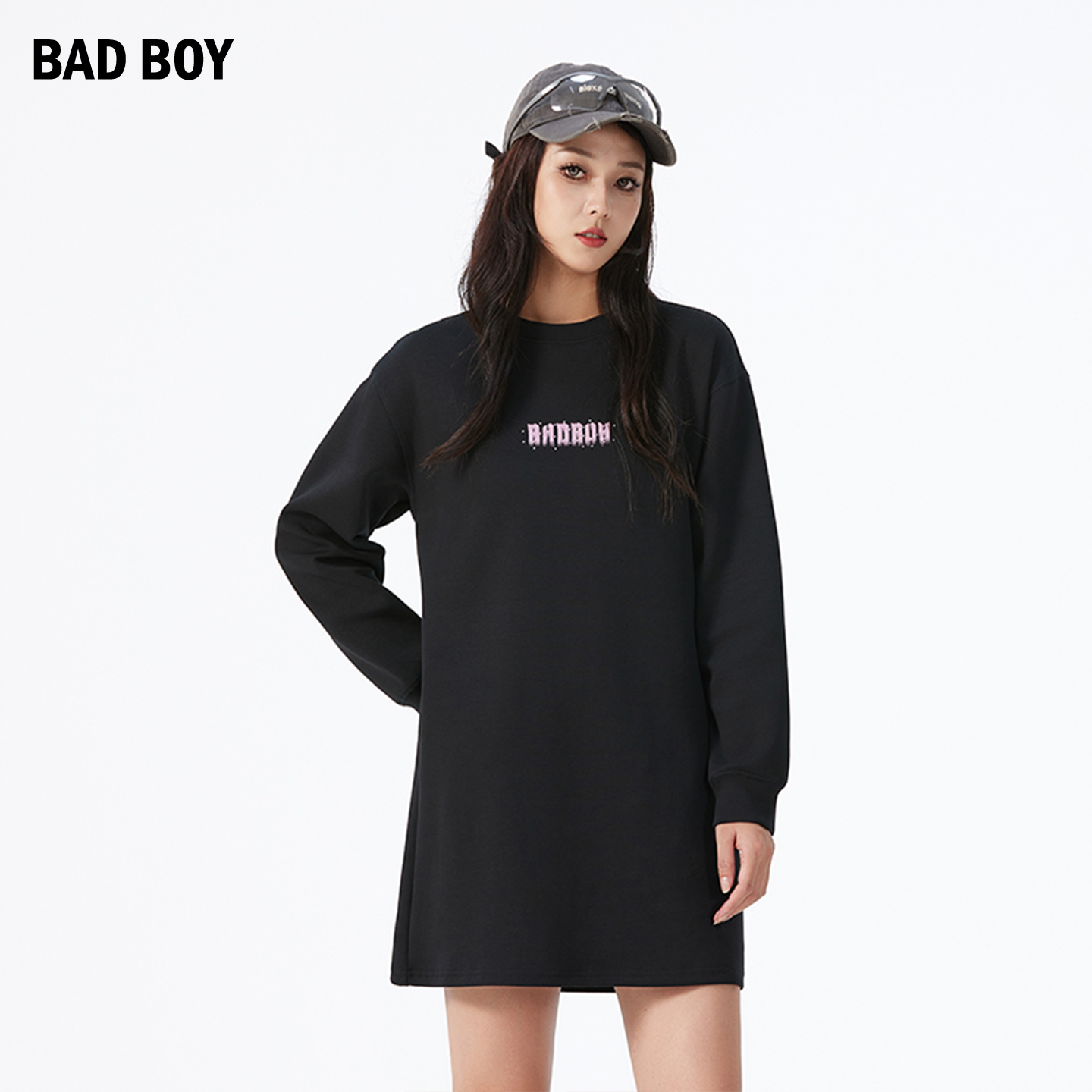 BADBOY女装长袖休闲黑色连衣裙